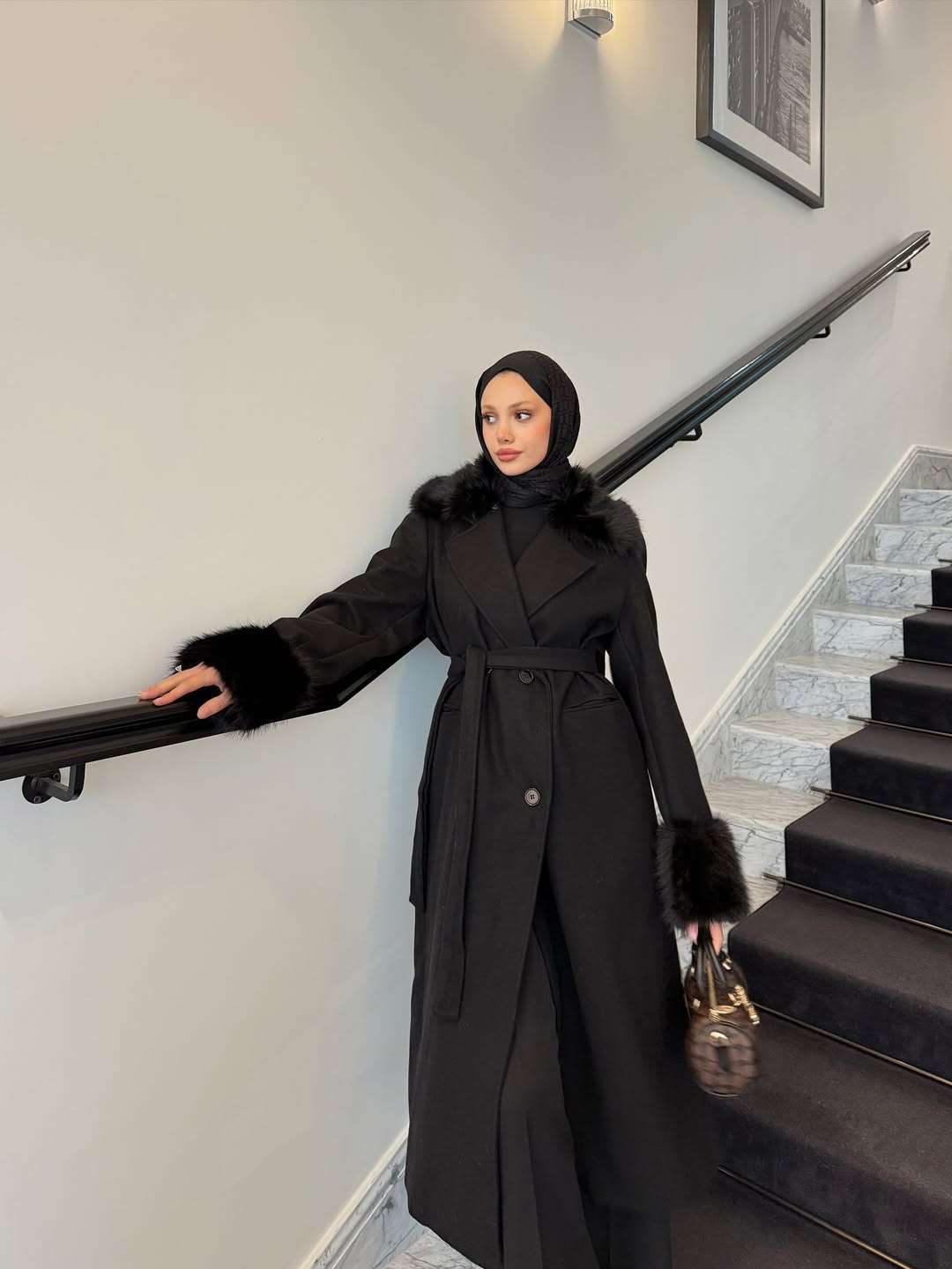 Kürklü Kaşe Kaban (siyah)