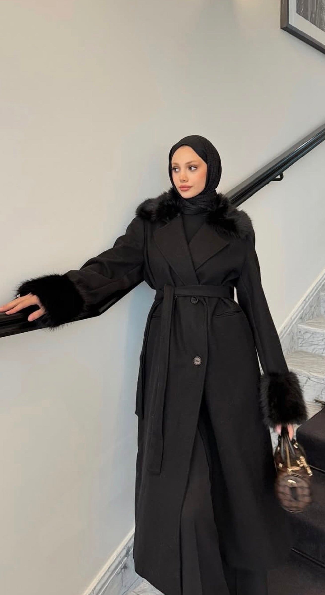 Kürklü Kaşe Kaban ( Siyah)